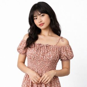 Off-Shoulder Smocked Floral Midi Dress - Pink